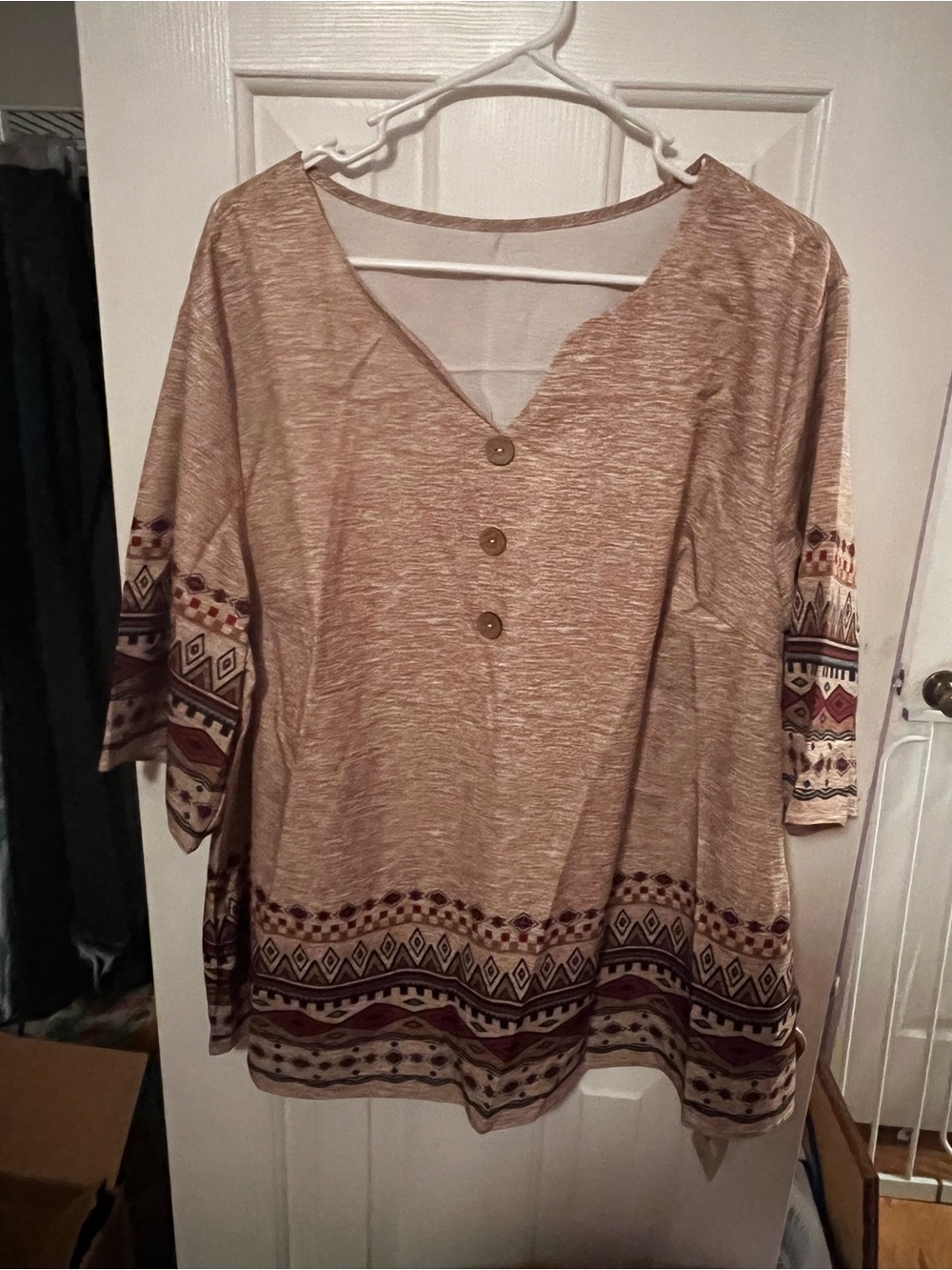 Women’s Tan Boho Button V-Neck Tunic Top